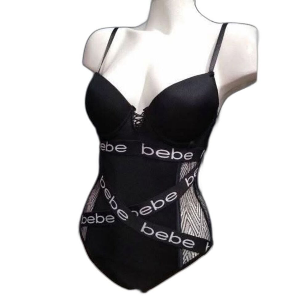 Bebe Women's NWOT Black Signature Strappy One Piece Bodysuit Teddy Size M